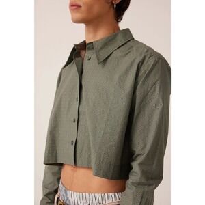 Wildfang The Essential Shirt Size XL Green Printed Long Sleeve Cropped Oxford